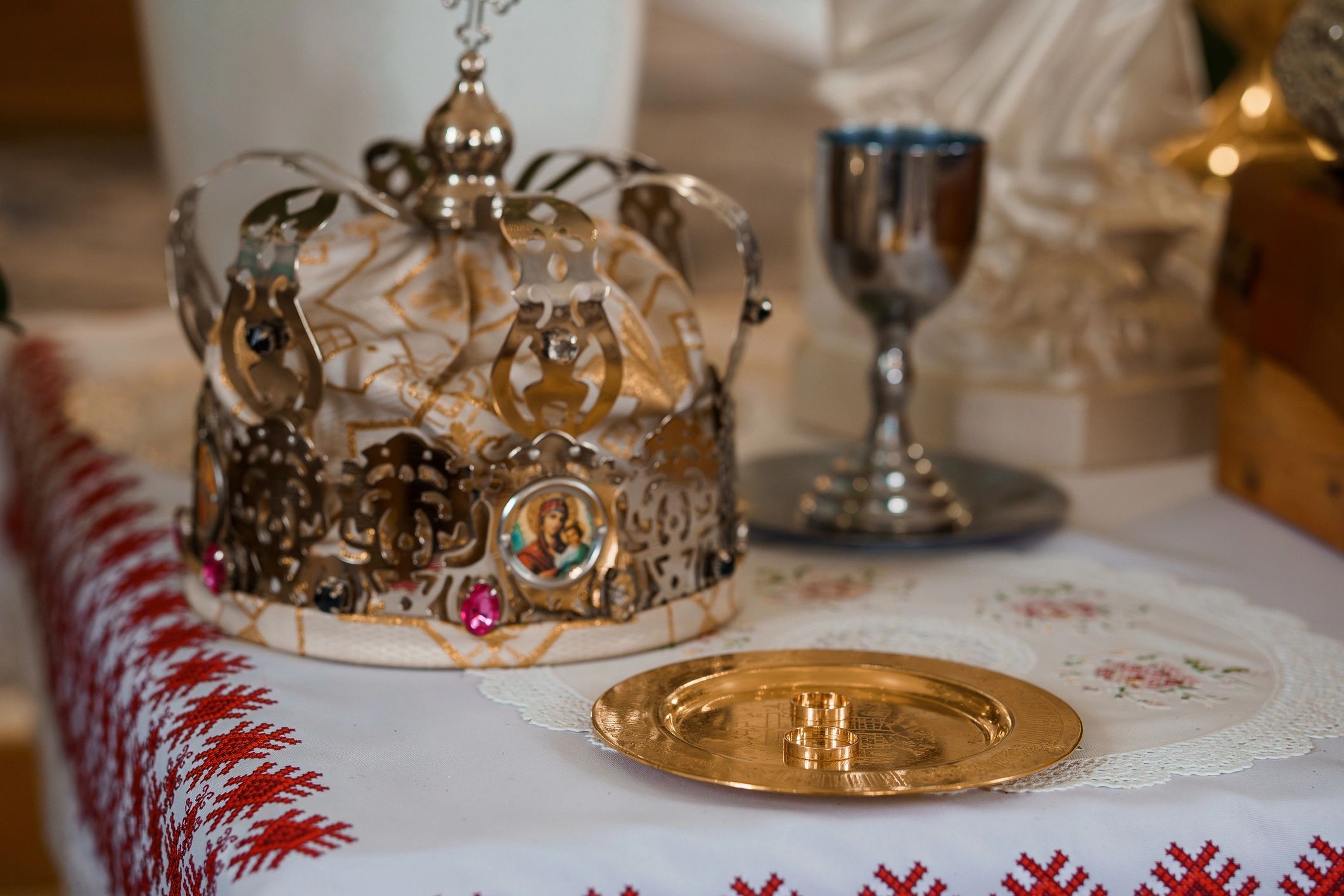 Orthodox chalice and paten on altar cloth
