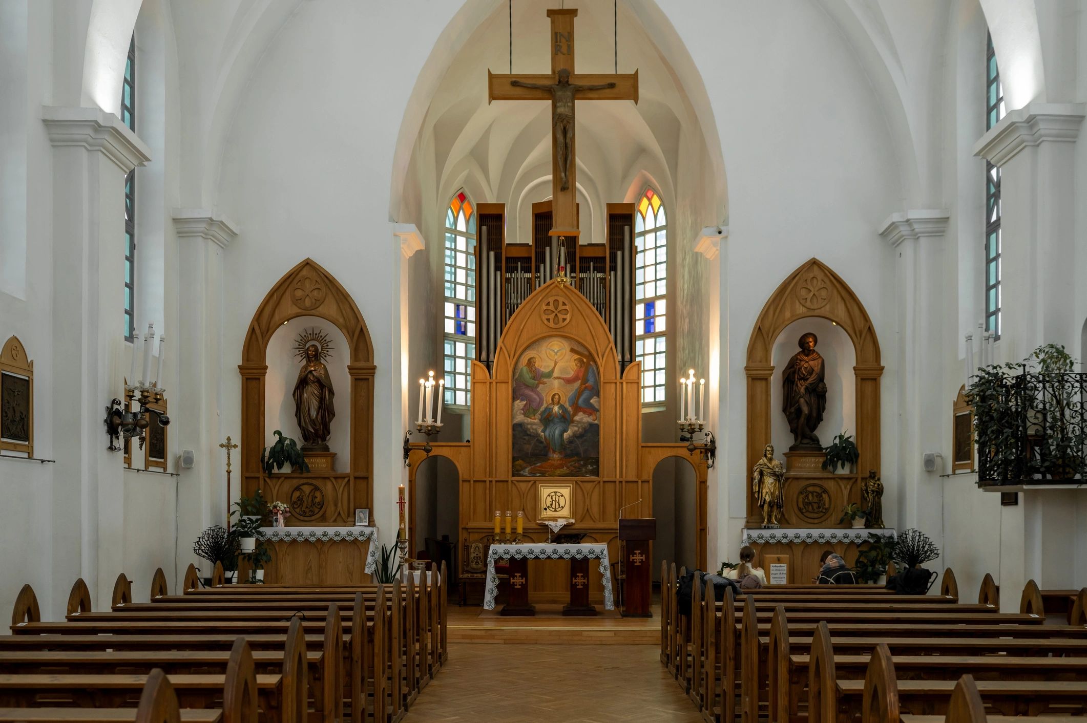 Quiet church interior with pews and altar, inviting prayer and reflection
